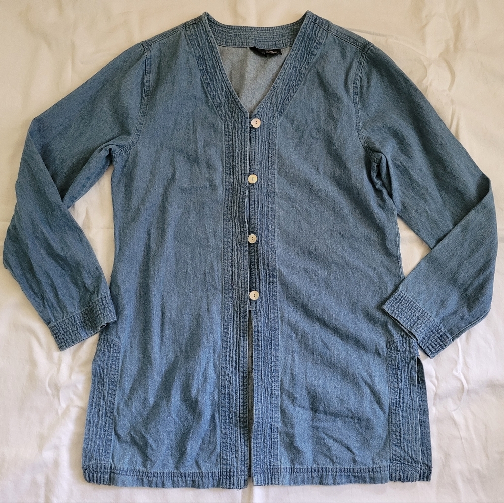 Cami Cotton Blue Chambray Tunic Top M 8 Abalone Shell Buttons Denim Jean